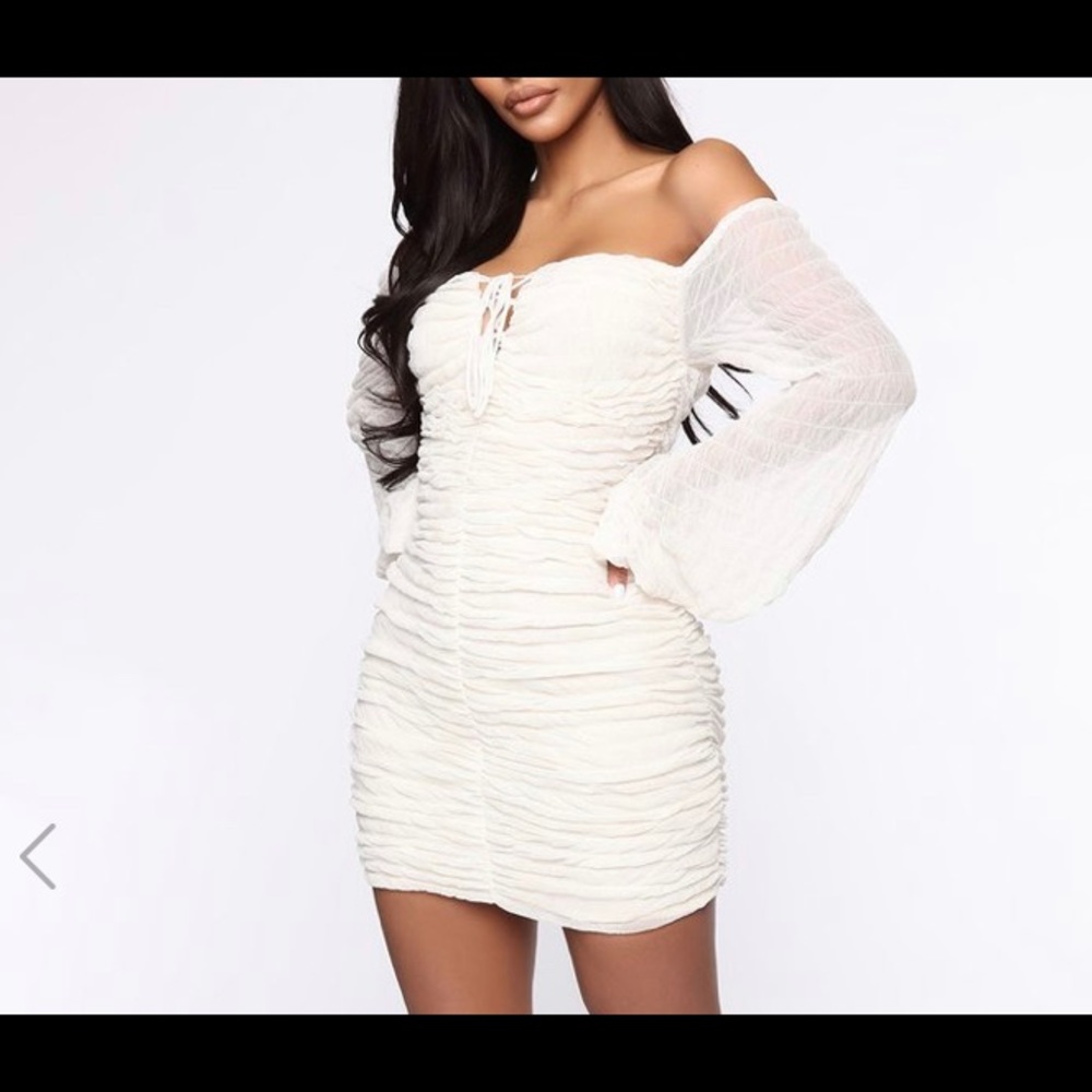 Ivory ruched off the shoulder mesh mini dress